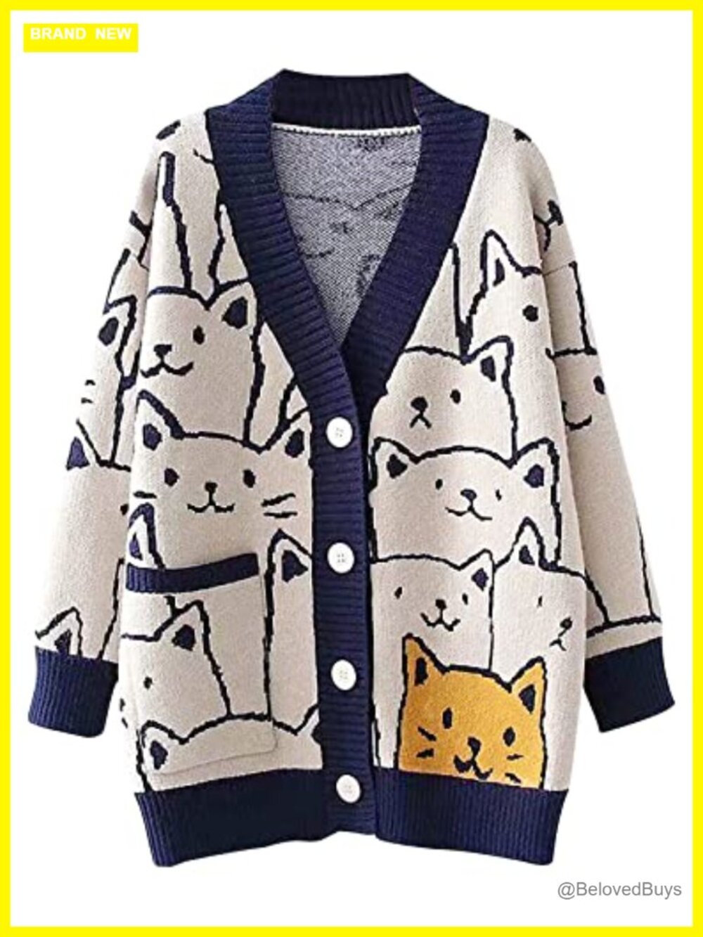 Oversized Cat Print V-Neck Knit Cardigan with Pockets